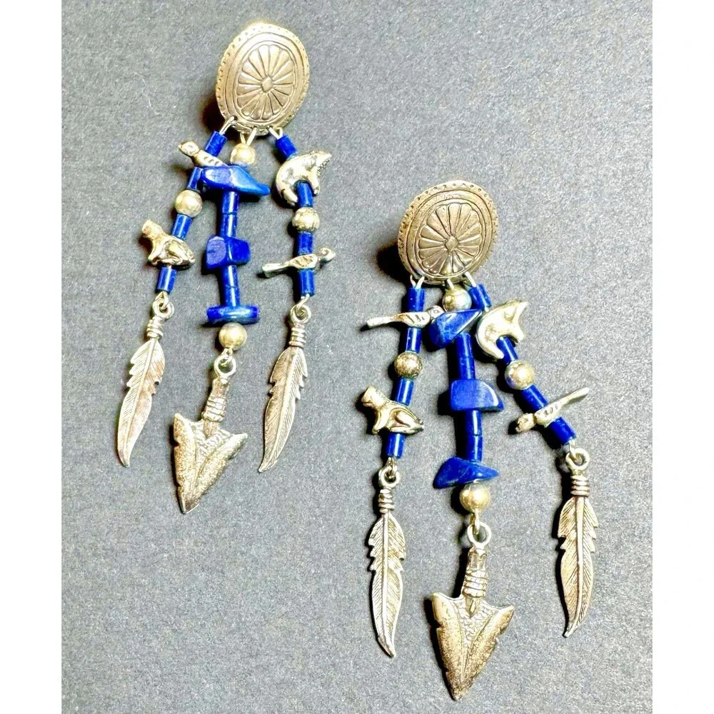 Sterling Silver Southwestern Dangle Earrings Blue Stone Arrowhead Feather Charms